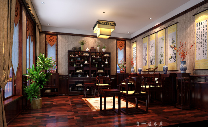 古典中式装修效果图集_中式装修效果图_中式客厅书房装修效果图片